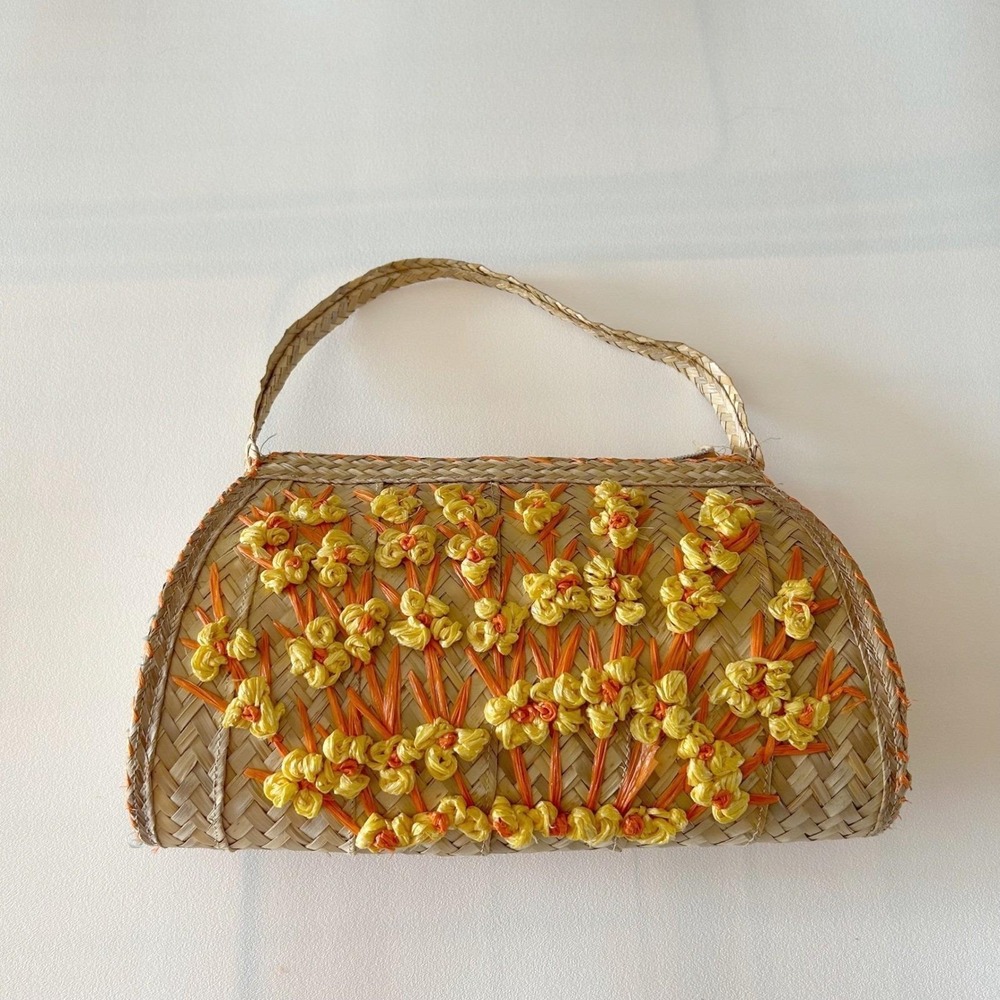 Vtg Woven Straw Handbag‎ Top Handle Orange Yellow Raffia Floral Boho Purse